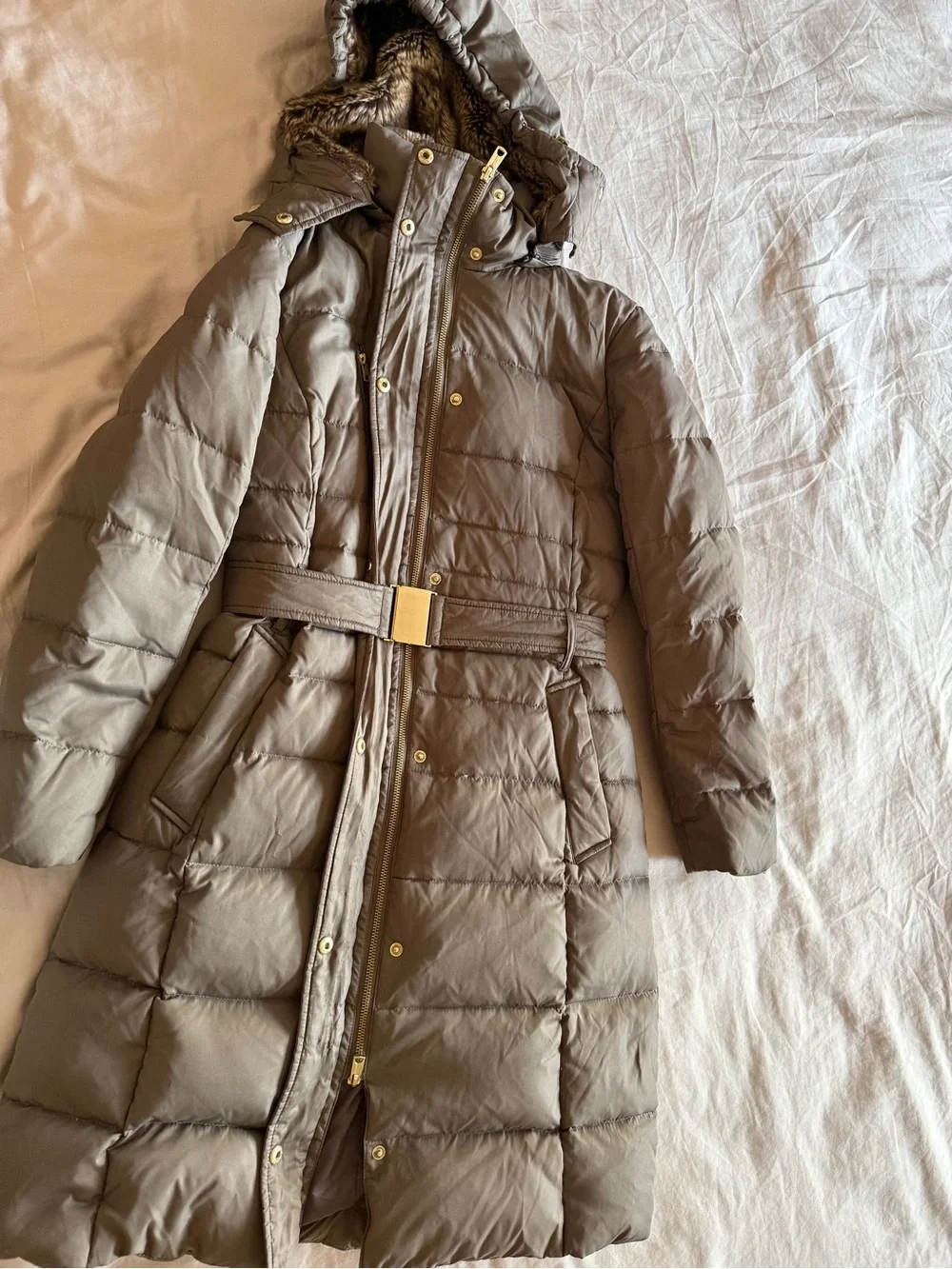 Cole Haan Signature Hooded Belted Down Puffer Long Coat Taupe Brown, Small